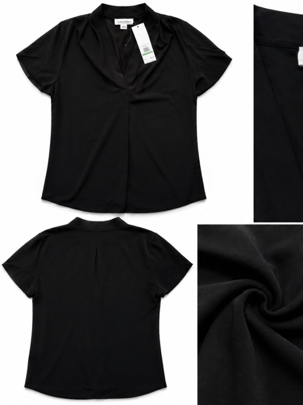 NWT Calvin Klein Black Draped V-Neck Blouse Top Size Large